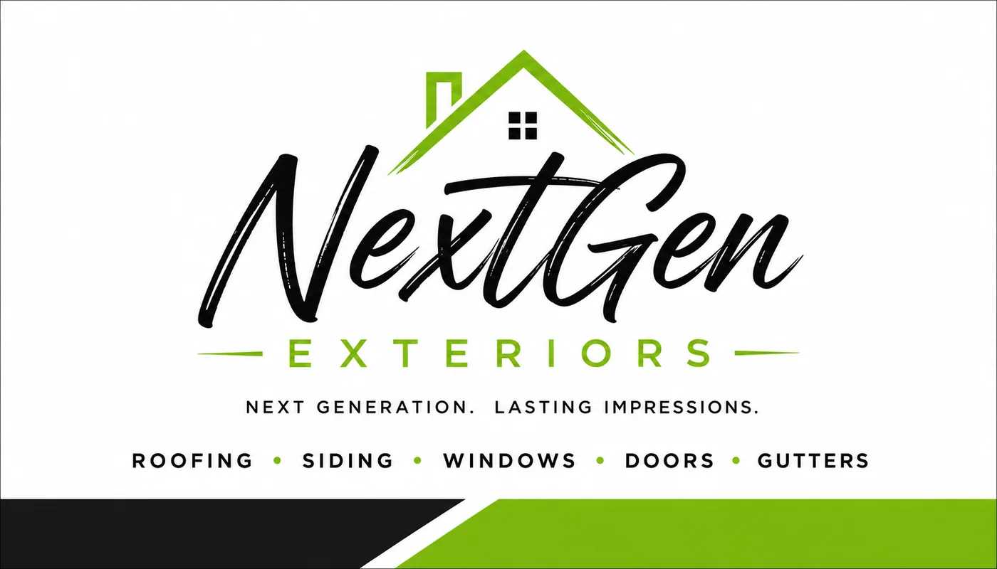 NextGen Exteriors white brand card with roofing, siding, windows, doors and gutters